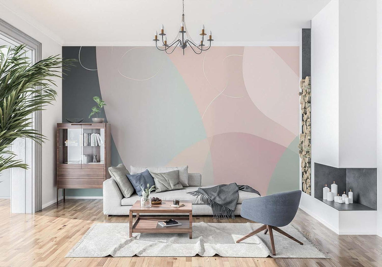 Pastel geometric wall mural in minimalist bedroom setting with soft textures