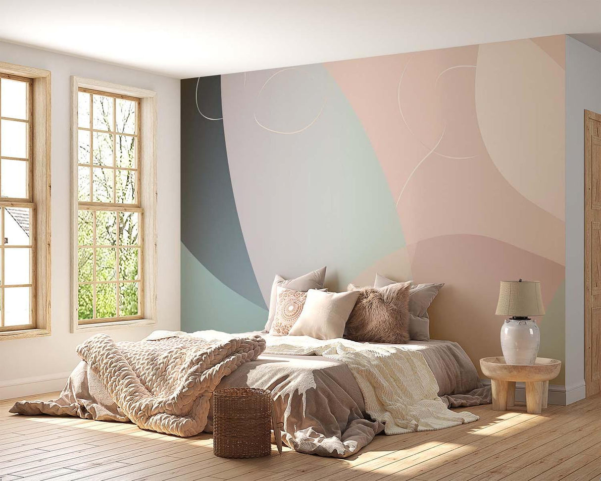 Abstract wall mural showcasing soft pastels in hallway setting