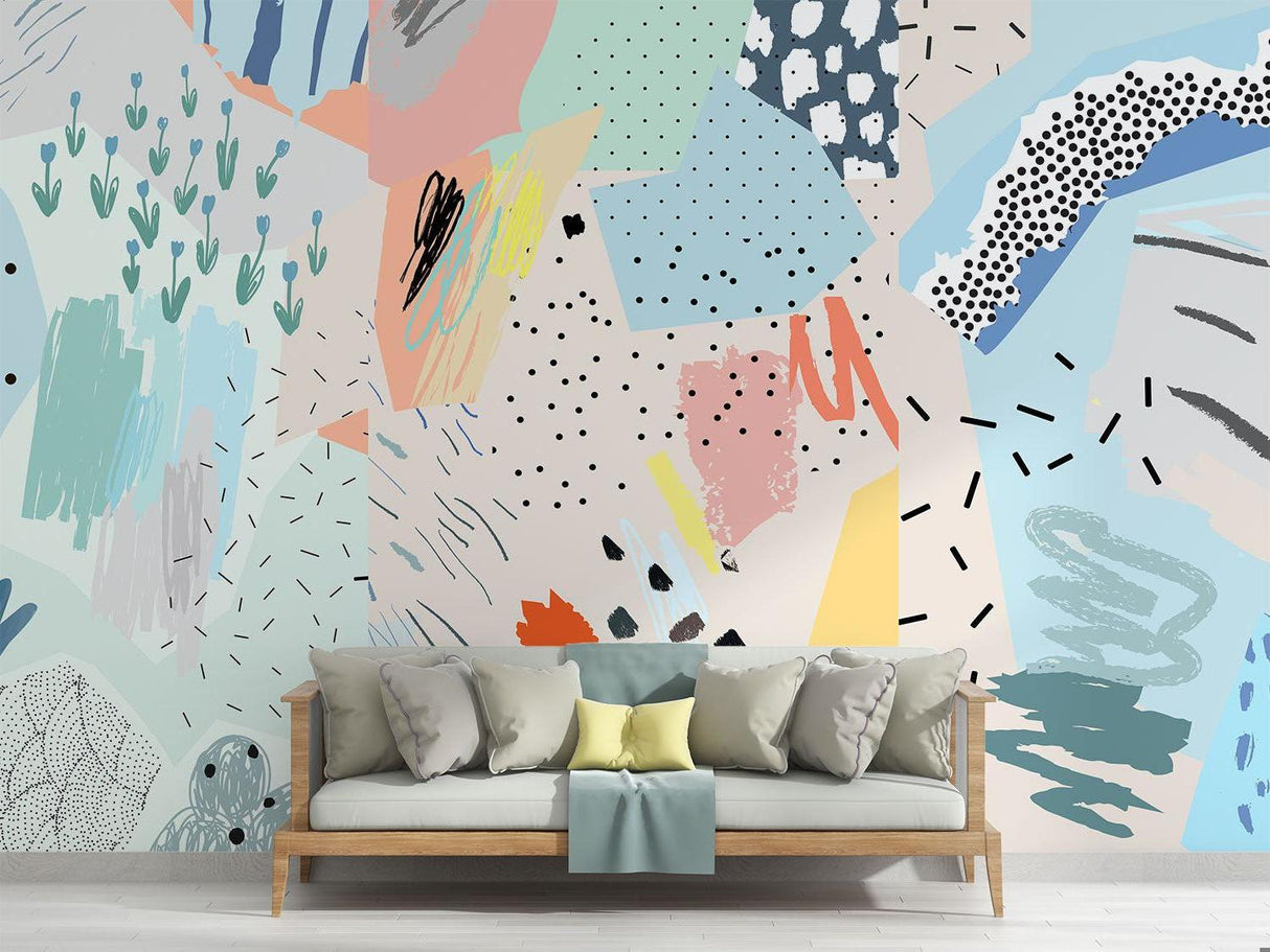 Modern geometric wallpaper in bright home office with natural light showing pastel pattern