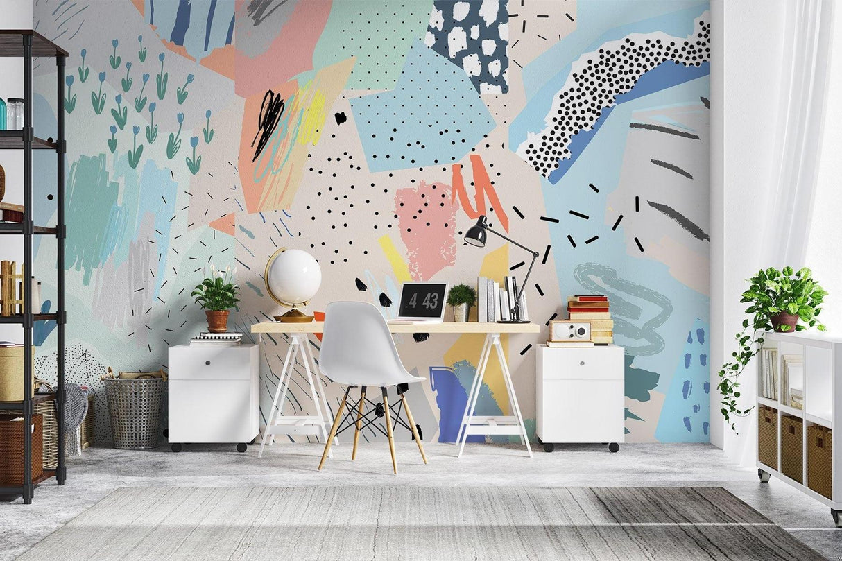 Pastel geometric pattern wallpaper in contemporary living room setting