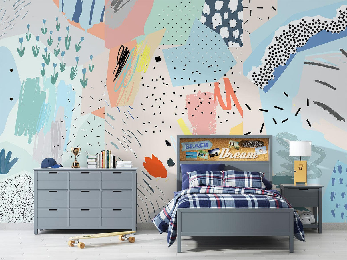 Abstract dot pattern wallpaper featured in minimalist dining space