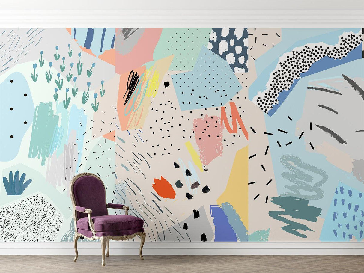 Geometric wallpaper creating accent wall in modern bedroom