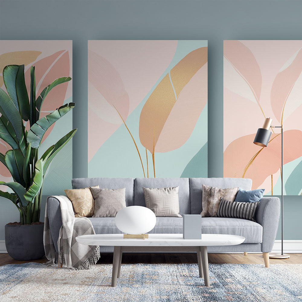 Abstract leaf wallpaper with gold accents creating a soft, elegant atmosphere in a modern living room with natural light