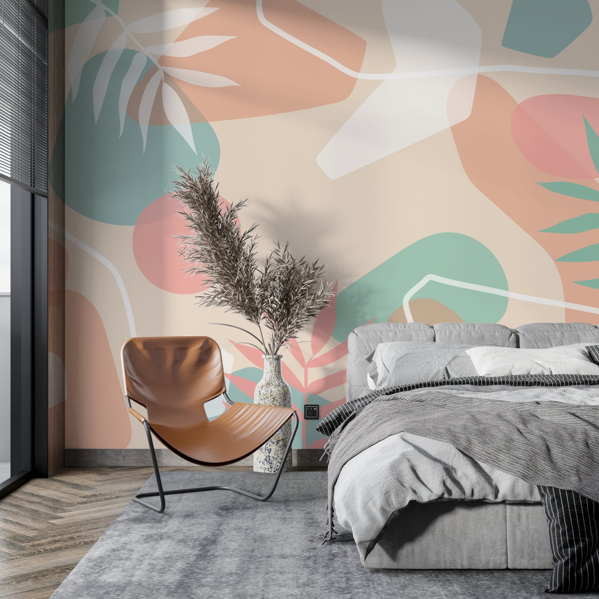 Modern living room with Tropical Abstract Wallpaper showing soft pastel shapes and white palm leaves