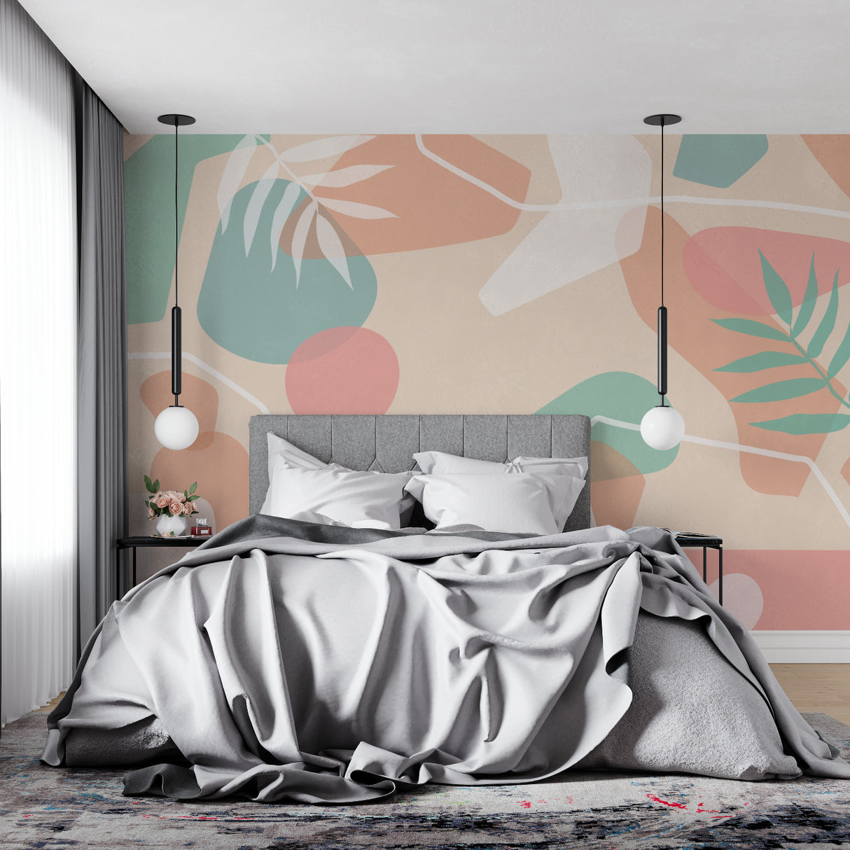 Bedroom featuring Abstract Tropical Wallpaper with mint green and coral tones