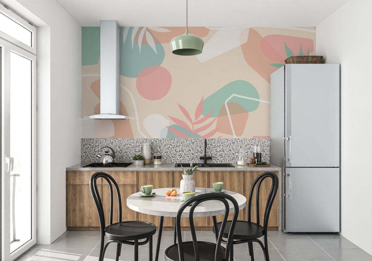 Reading nook with Modern Tropical Wallpaper highlighting gentle curved shapes