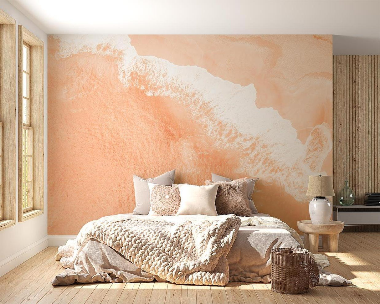 Abstract wave wallpaper in peach tones creating a calm atmosphere in a modern living room