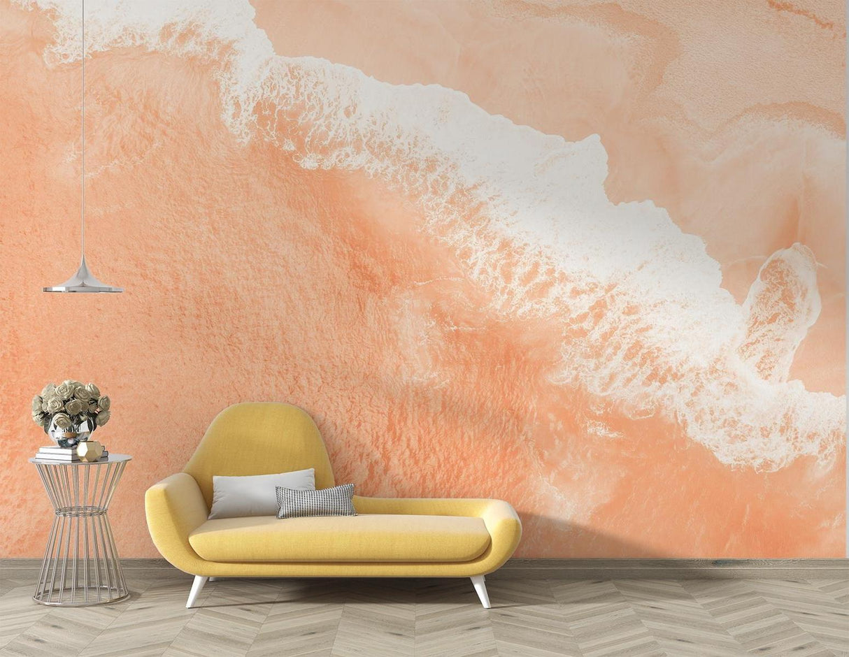 Peach watercolor wave mural adding soft movement to a bright bedroom space