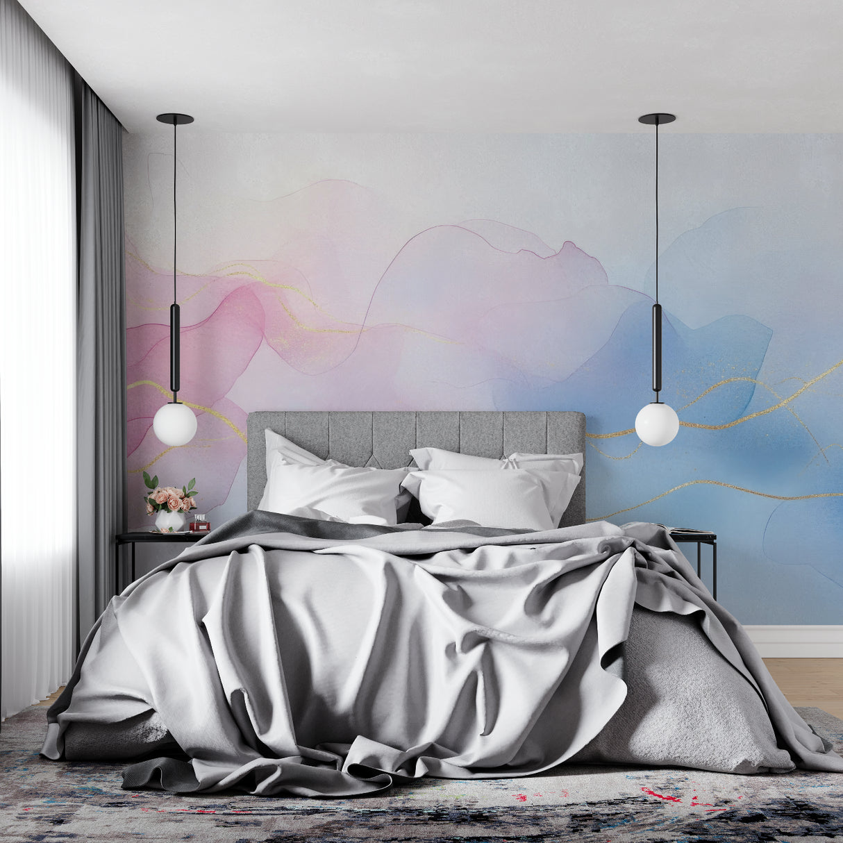 Abstract watercolor mural with gold accents in master bedroom setting