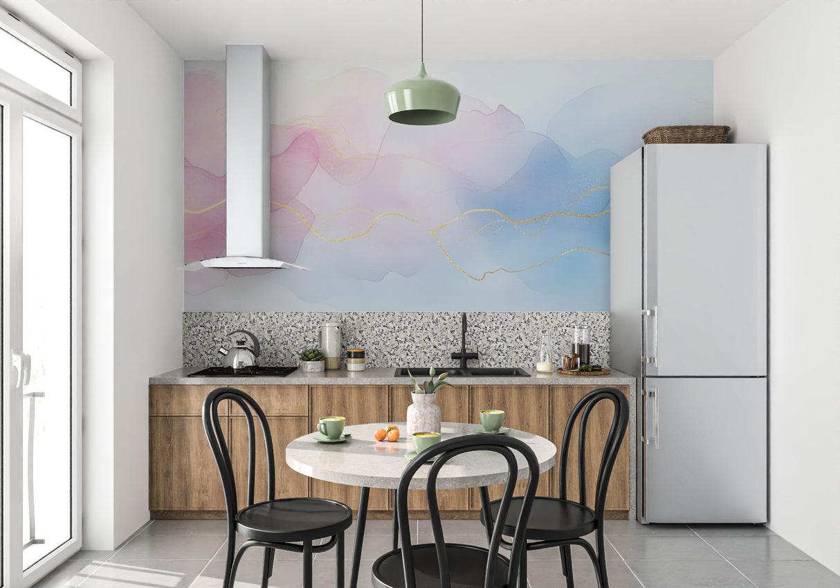 Watercolor wall mural with gold details in dining room