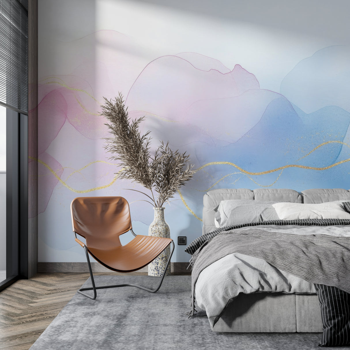 Abstract pink and blue mural in modern hallway
