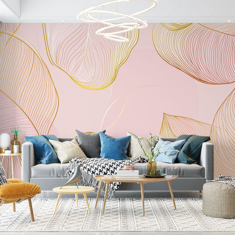 Pink and gold leaf line art wallpaper creating an elegant atmosphere in a modern living room with natural lighting