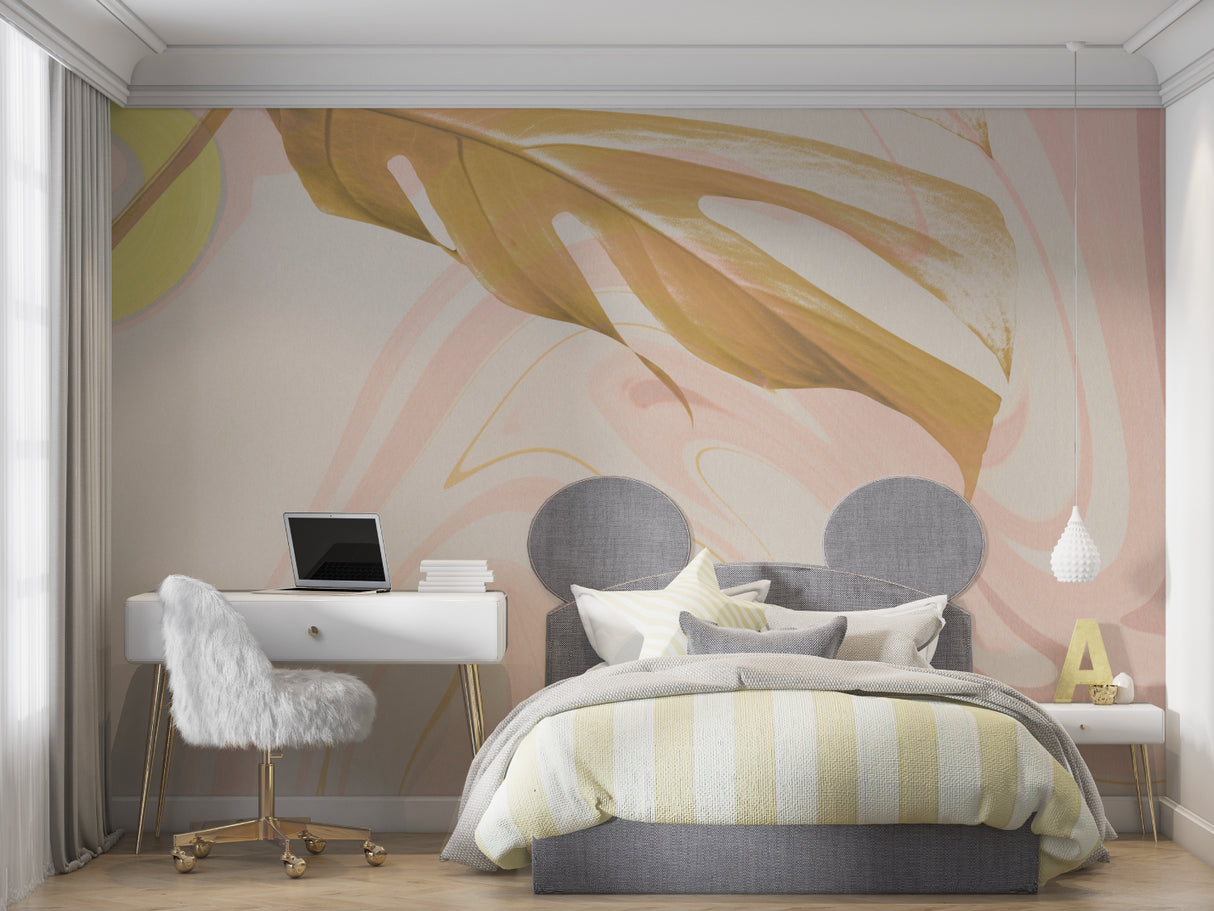 Pink and gold marble wallpaper in modern living room creating elegant atmosphere