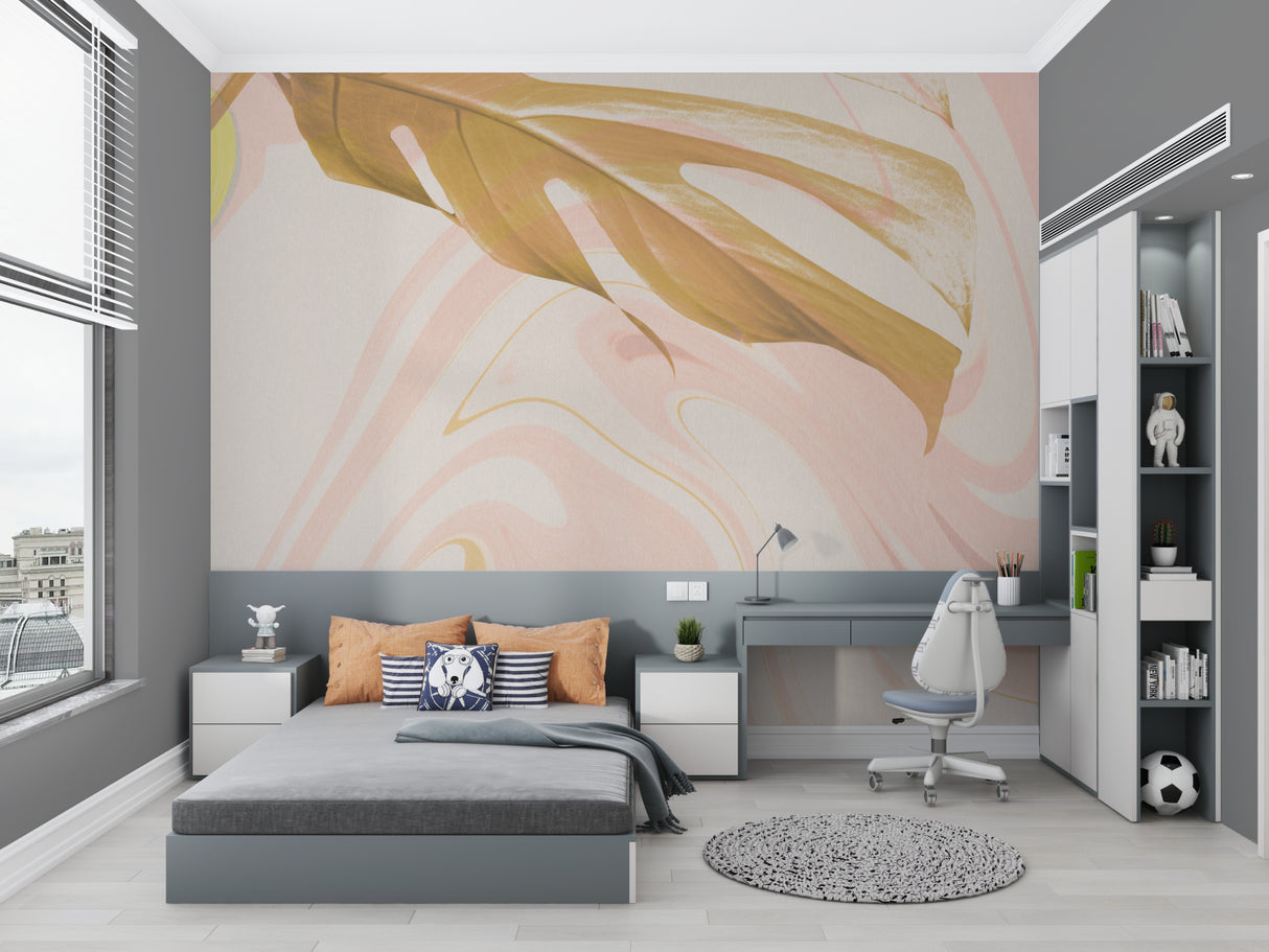 Abstract marble wall mural showcased in master bedroom with soft lighting
