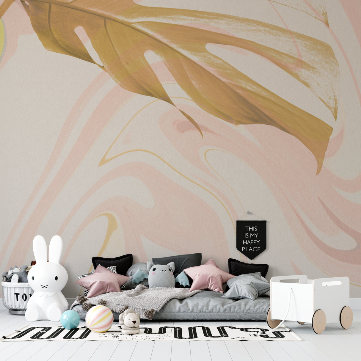 Pink marble feature wall in home office with gold accents