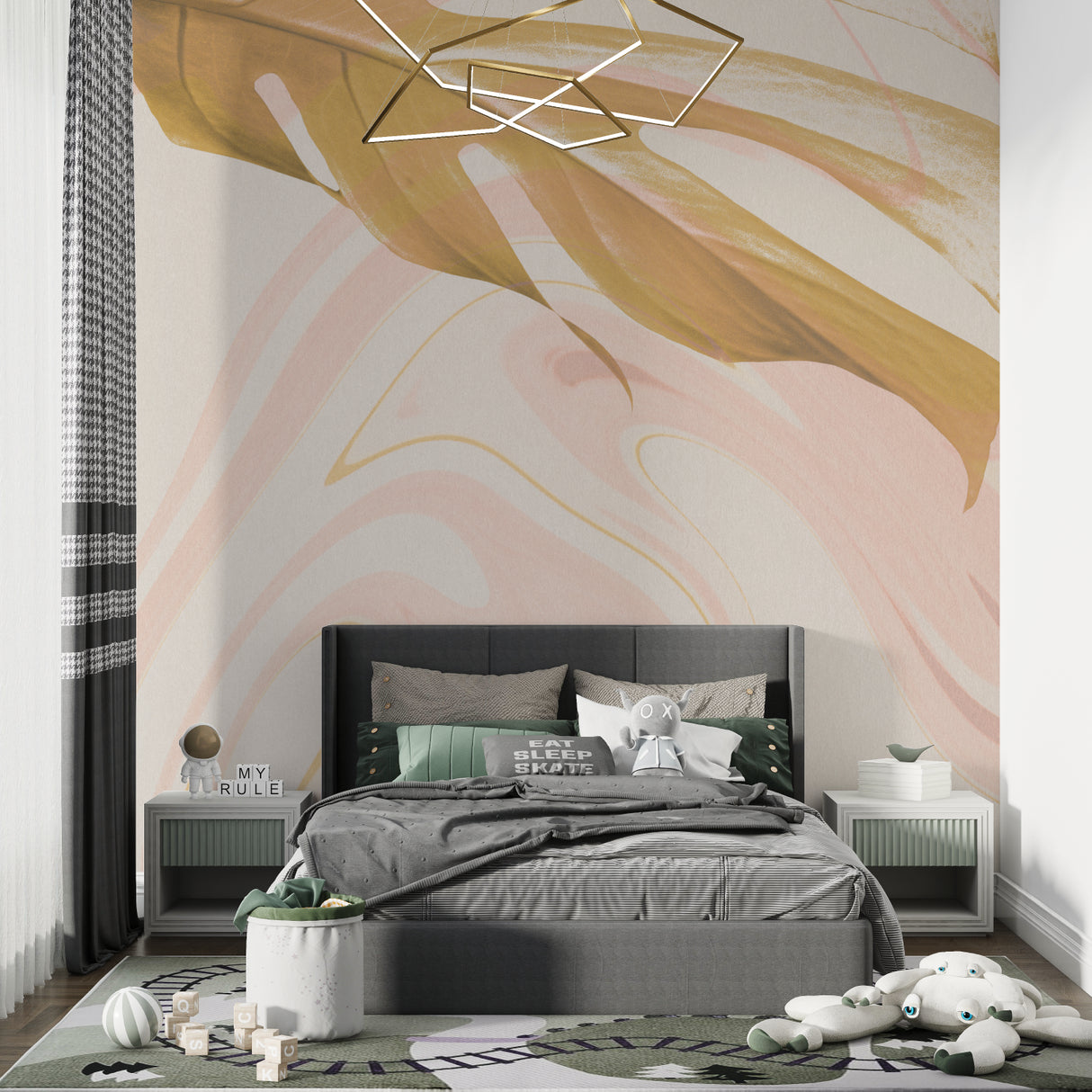 Luxury pink and gold marble wallpaper in dining room setting