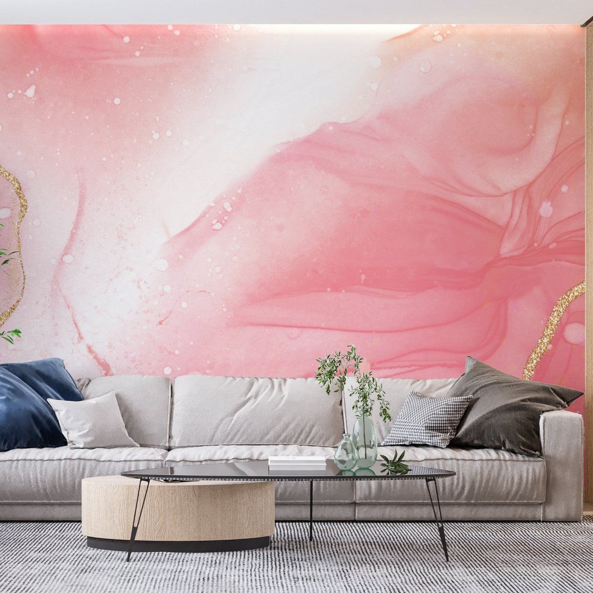 Pink and gold marble wallpaper in modern living room with white sofa and natural light