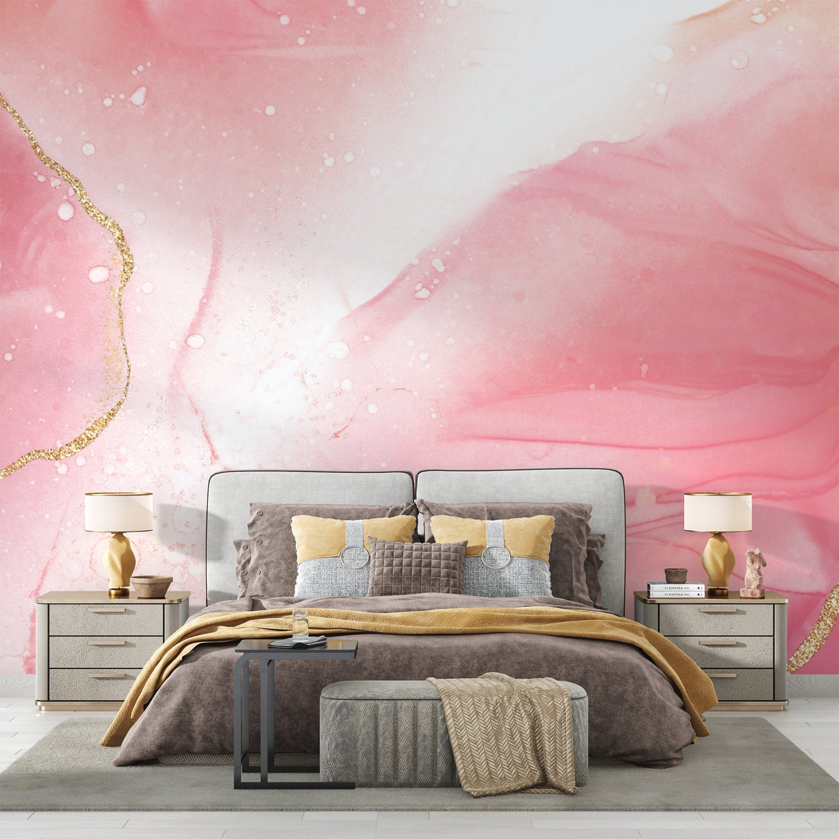 Pink marble wall mural with gold accents in master bedroom creating peaceful atmosphere