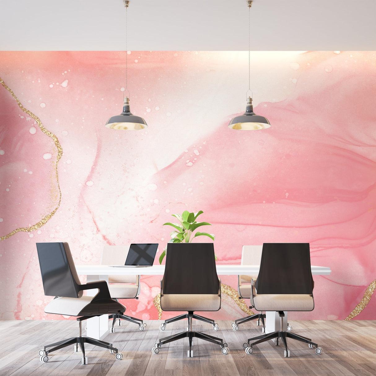 Abstract pink and gold wallpaper in luxury home office with minimal furniture