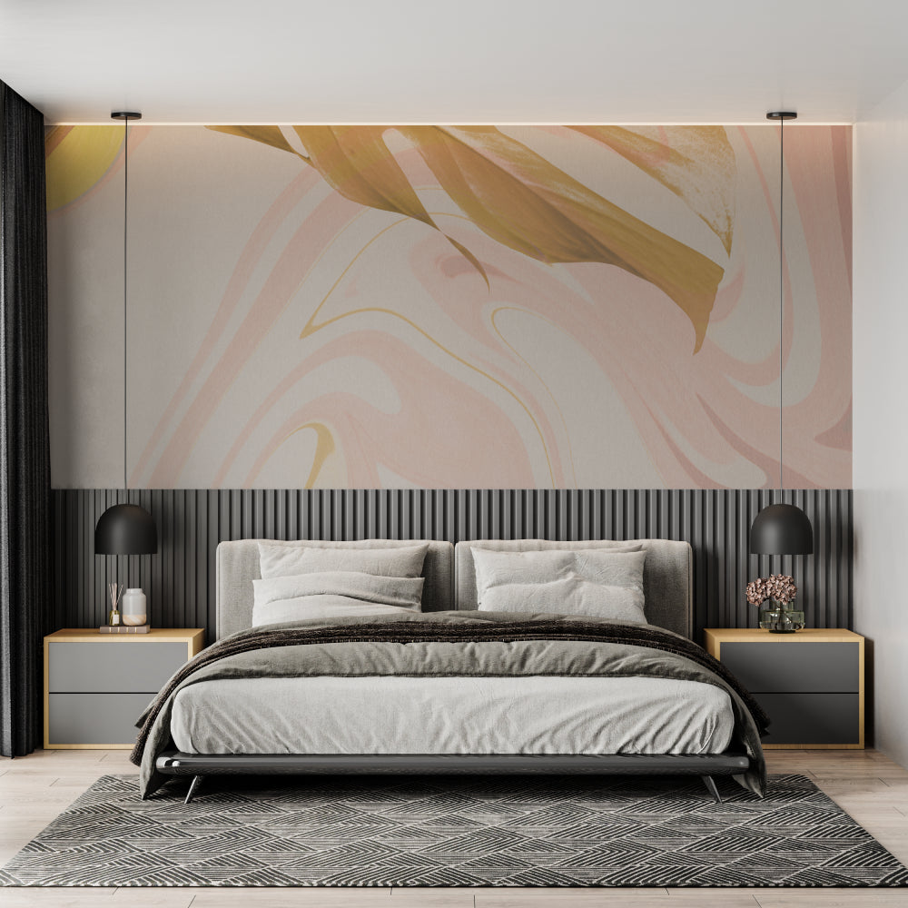 Pink and gold marble wallpaper in modern living room creating soft, elegant atmosphere