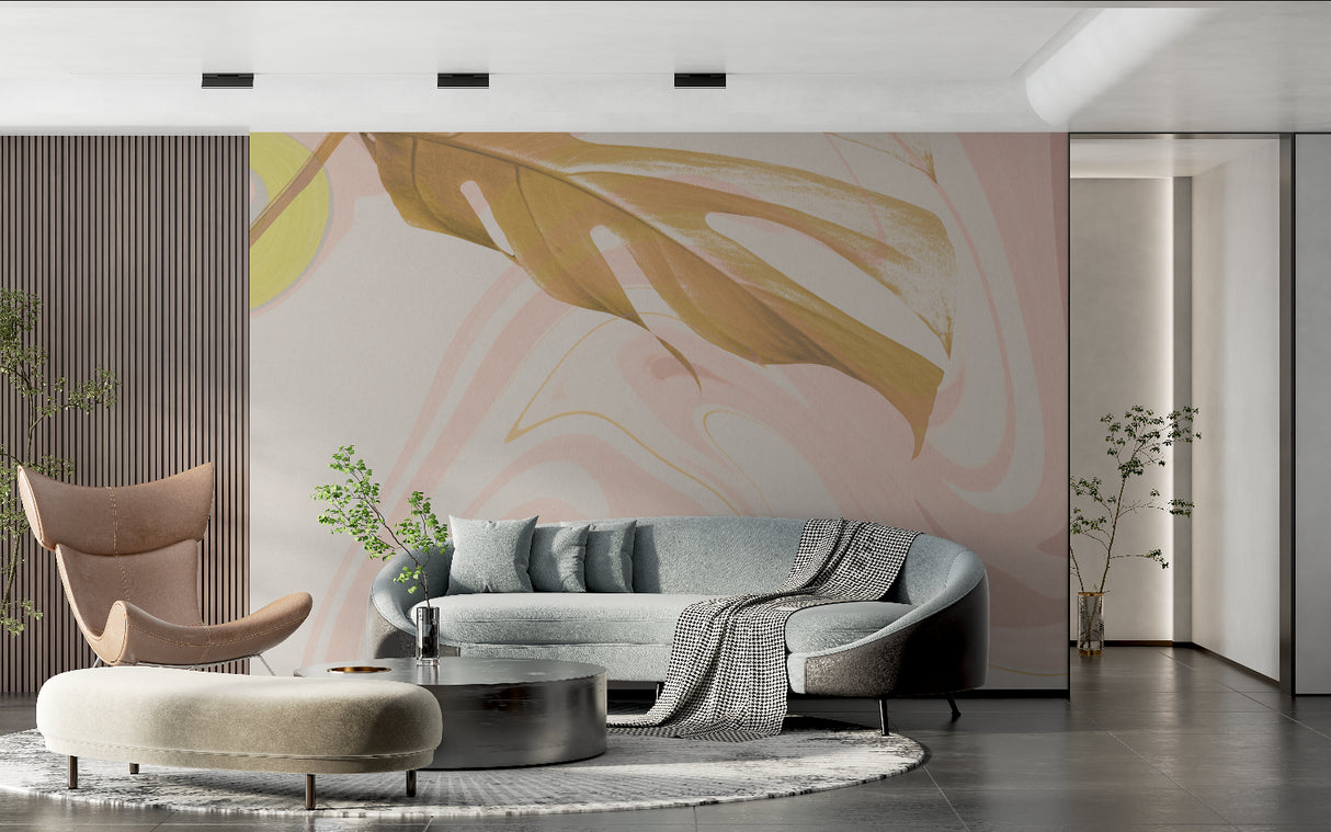 Abstract marble wall mural showcased in master bedroom with gold accents