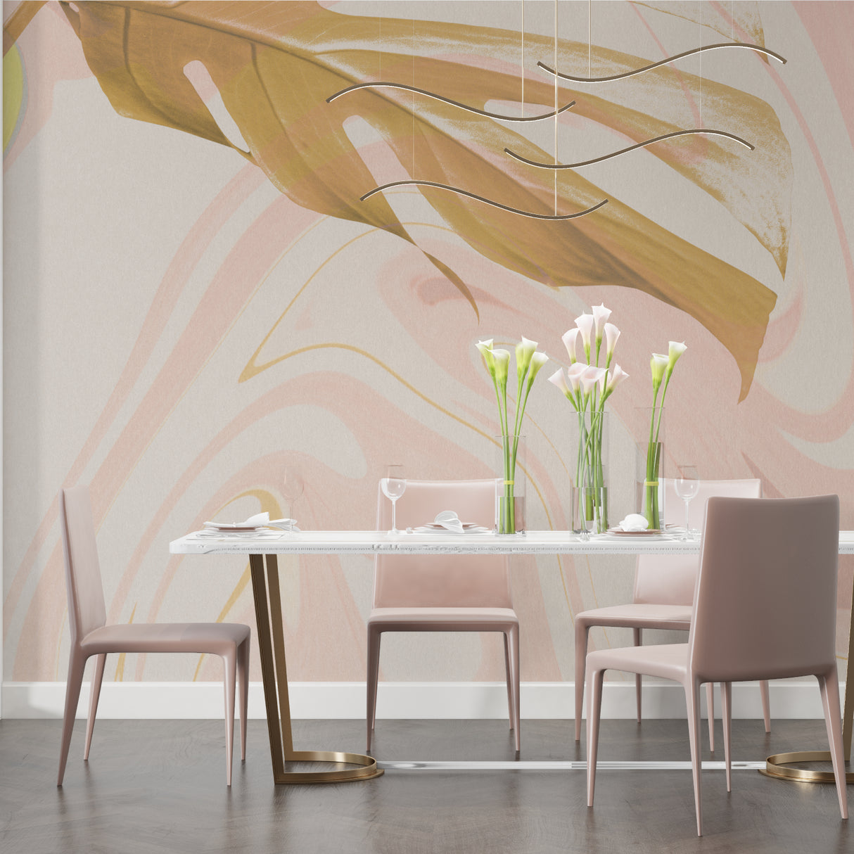 Pink watercolor marble wallpaper bringing warmth to dining room space