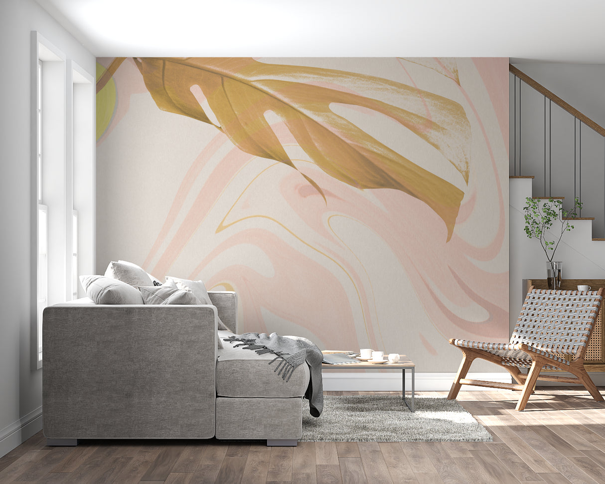 Modern home office featuring pink and gold abstract marble wall design