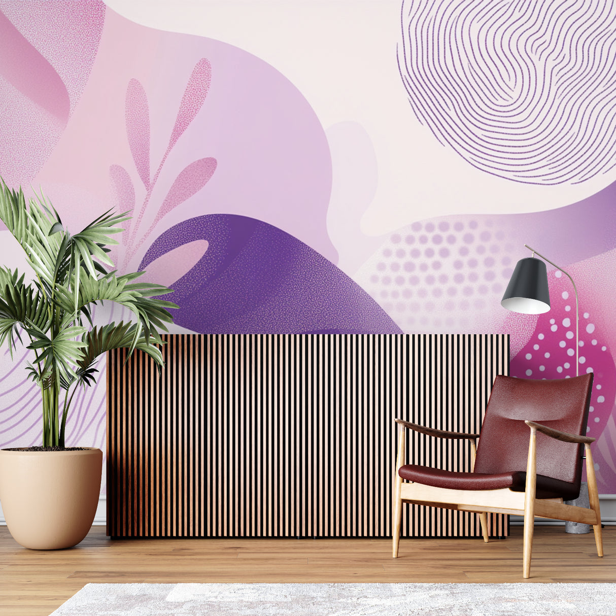 Pink and purple geometric wallpaper in modern living room creating a bold accent wall