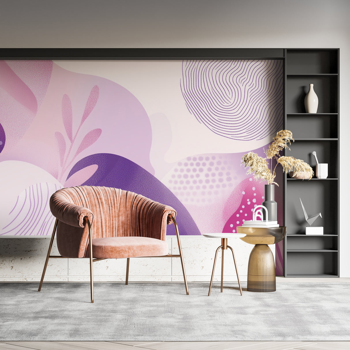 Abstract geometric wall mural brightening a minimalist bedroom space