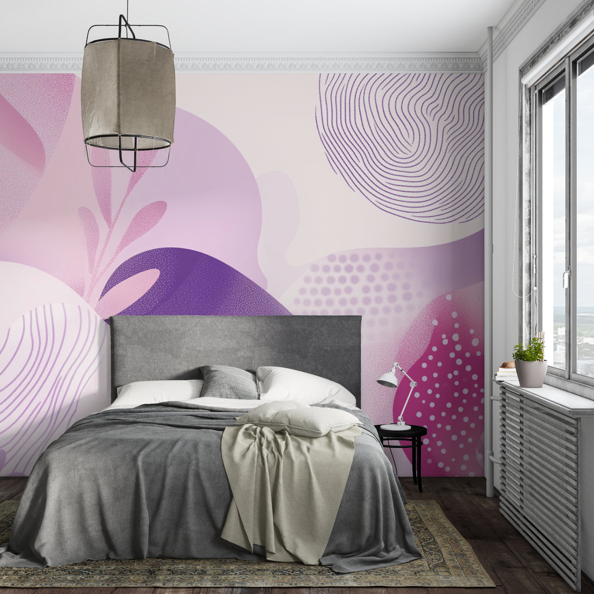 Pink abstract wallpaper making a statement in contemporary home office