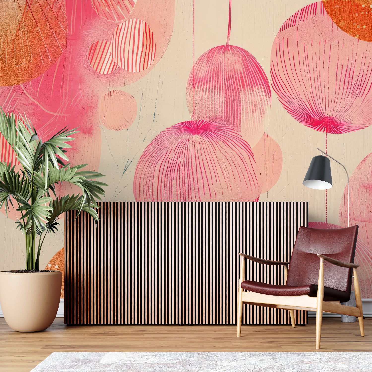 Modern dining room with pink geometric circle wallpaper and wooden table