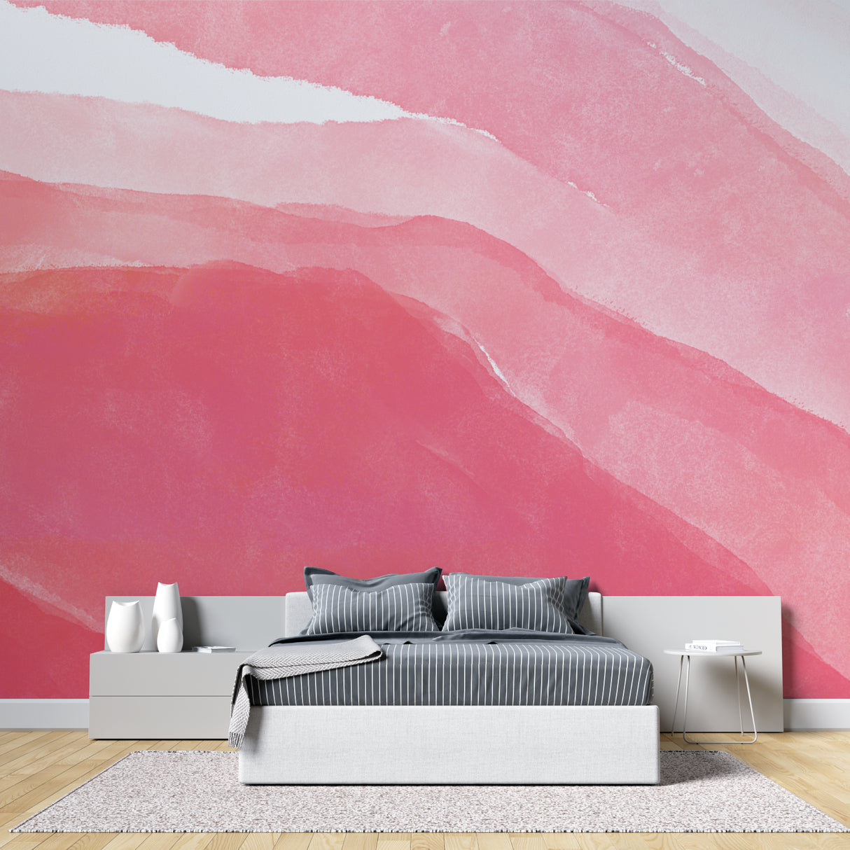 Abstract pink wave mural creating calm atmosphere in master bedroom