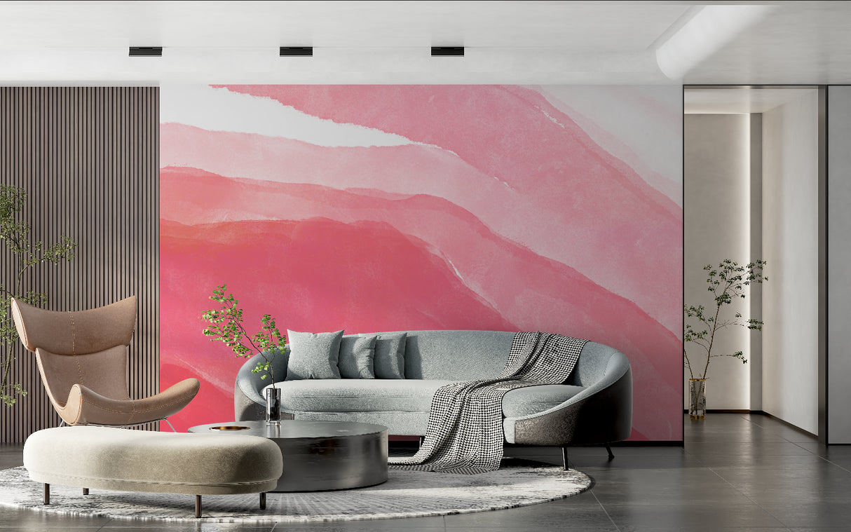Modern office space with pink watercolor wall mural adding soft color