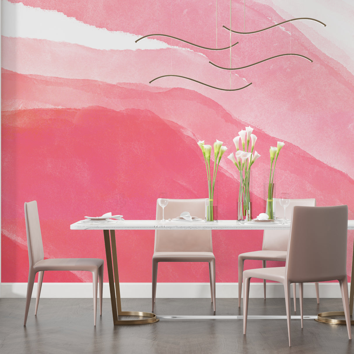 Pink wave wallpaper making small dining room feel spacious and bright