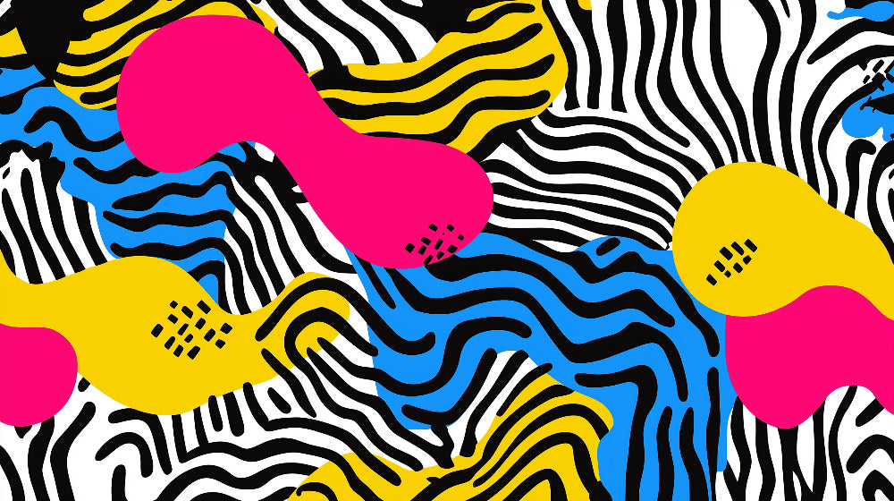 Abstract zebra pattern wallpaper creating a bold statement in a modern home office with white furniture