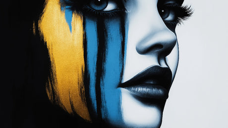 Abstract portrait wallpaper design file showing detailed gold and blue artistic brushstrokes pattern