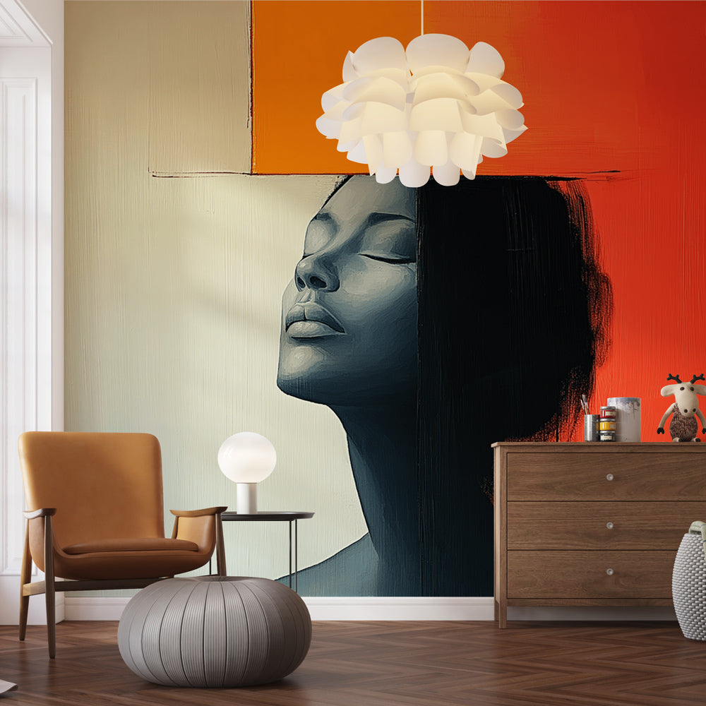 Abstract portrait wallpaper with orange gradient showcased in a modern minimalist living room setting