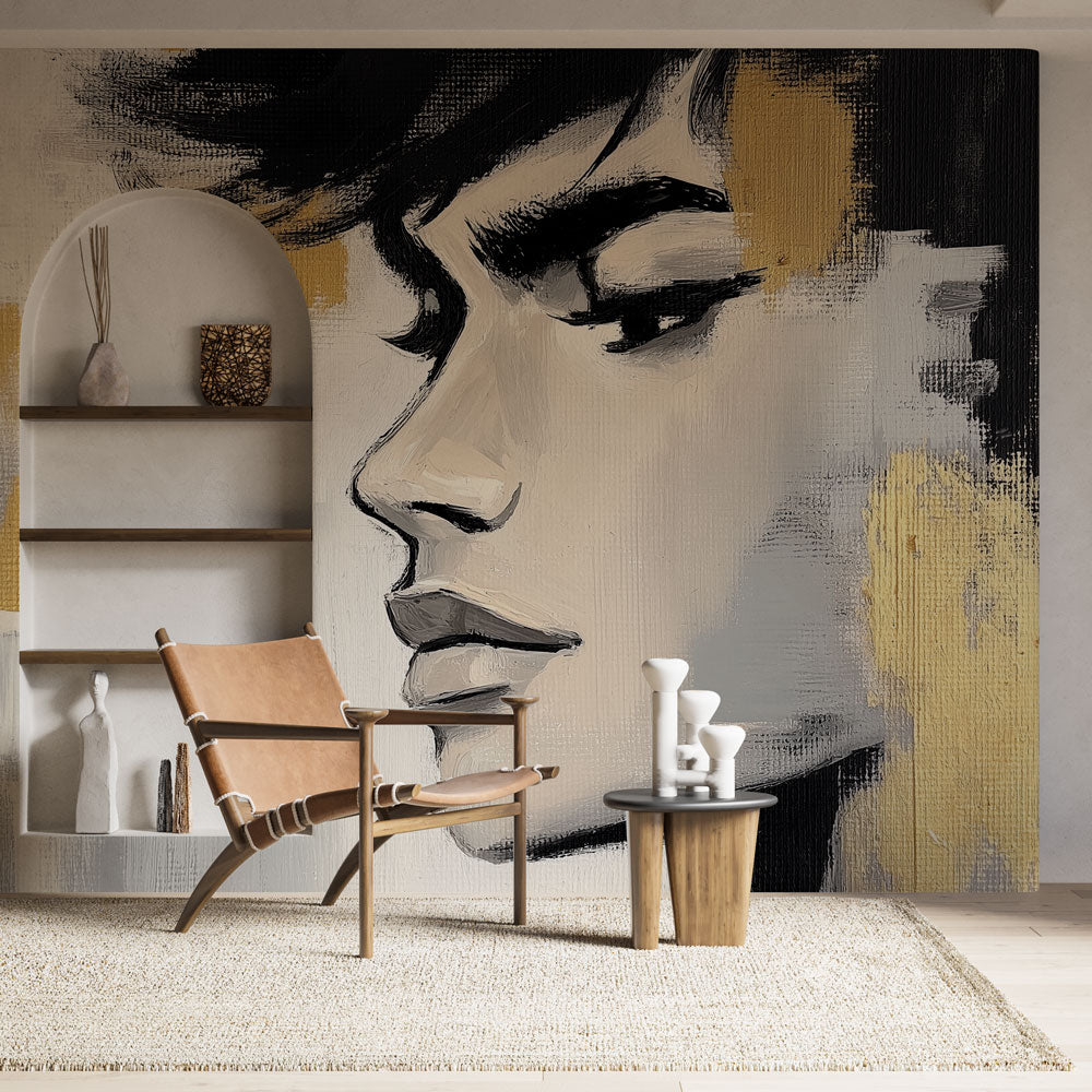 Modern Abstract Portrait Wallpaper styled in a minimalist living room, black and gold artwork creating dramatic focal point