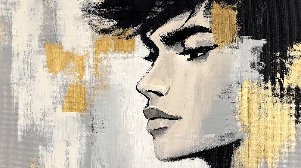 Abstract Portrait design file showing detailed black brushstrokes and metallic gold accents