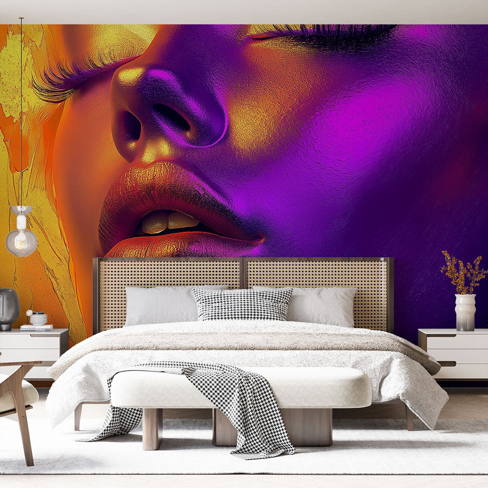 Abstract purple and gold portrait mural wallpaper creating drama in a modern living room with minimalist furniture