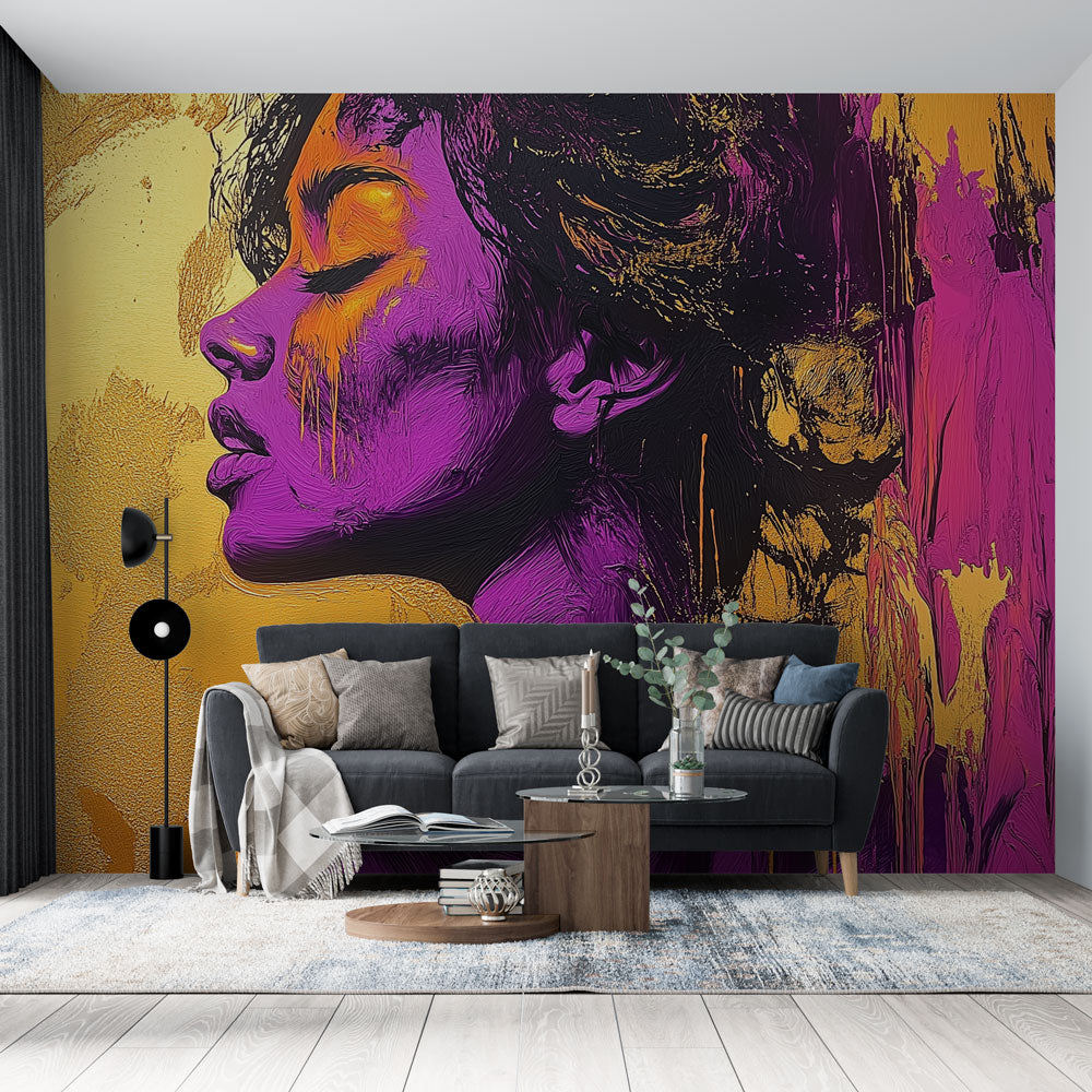 Purple and gold abstract portrait mural wallpaper creating dramatic impact in modern living room with minimalist furniture