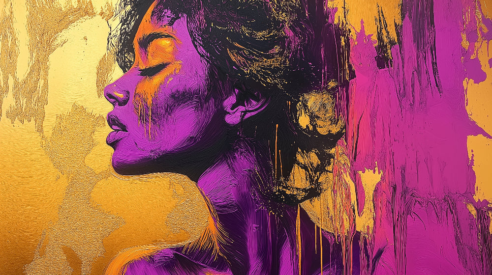 Abstract portrait wallpaper design file showing detailed purple and gold artistic pattern