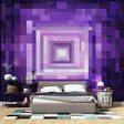 Purple geometric tunnel wallpaper creating depth in a modern living room with minimal furniture and natural lighting