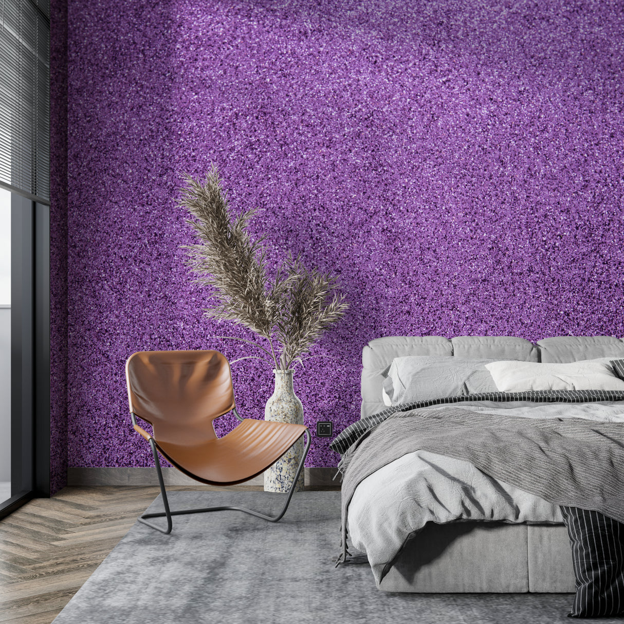 Purple glitter wallpaper creating a stunning accent wall in a modern living room, sparkles catching natural light