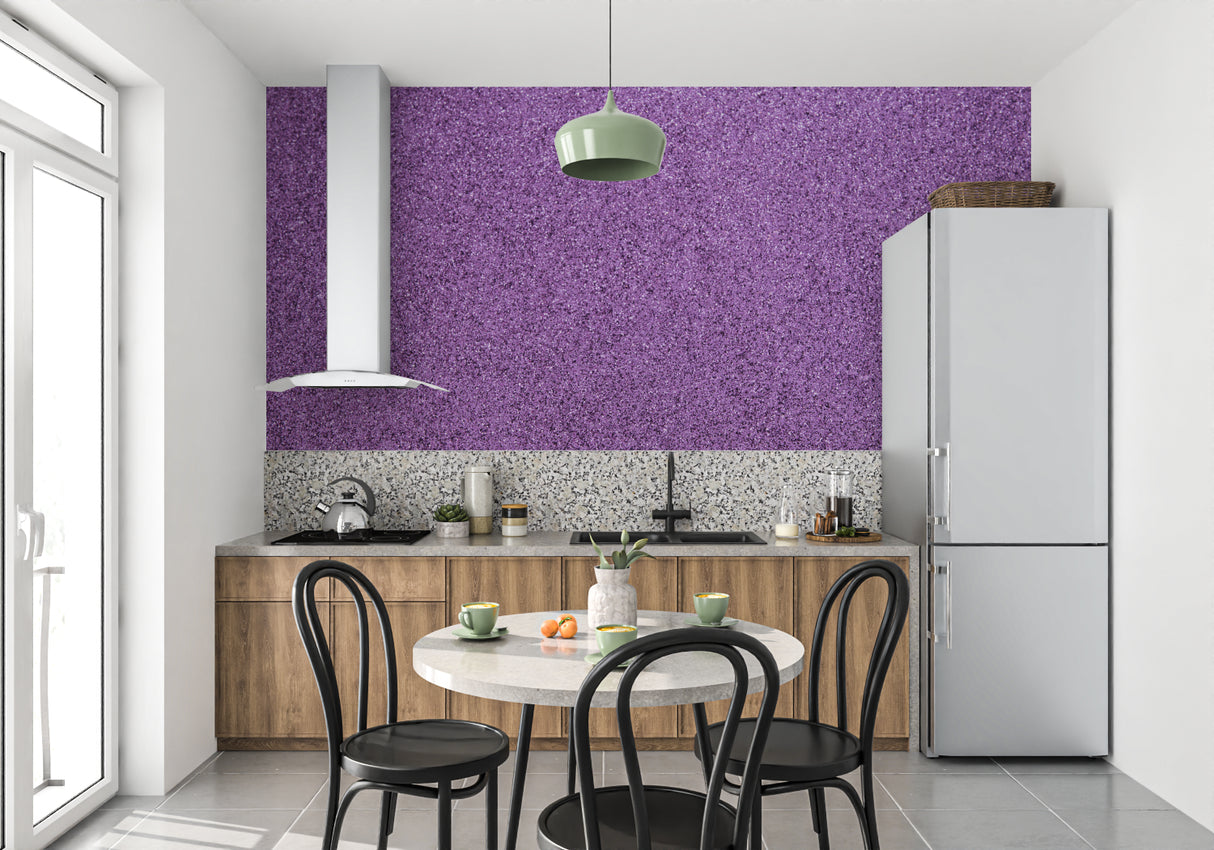 Abstract purple wallpaper with glitter effect in a cozy bedroom setting