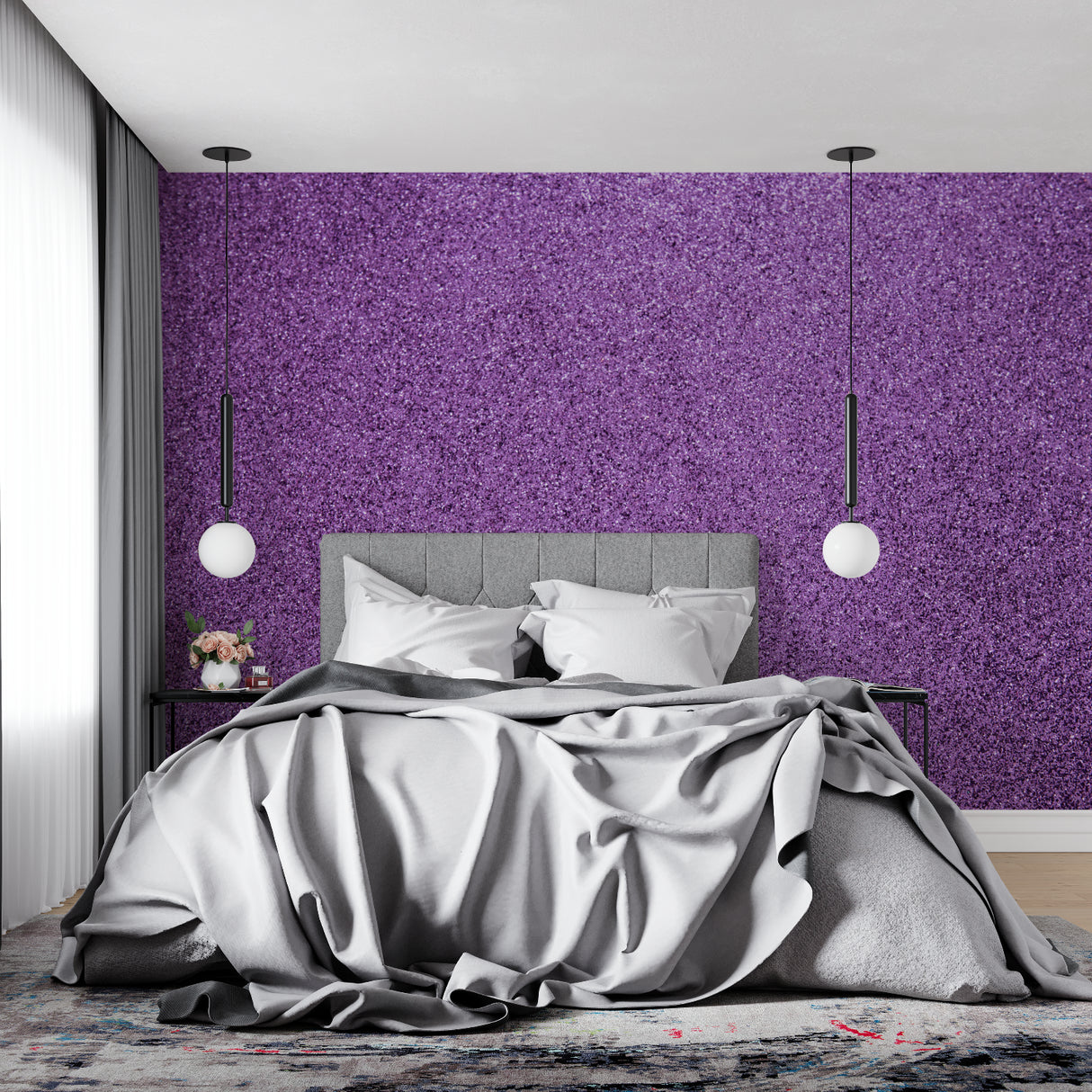 Purple abstract wall design adding glamour to a dining room space