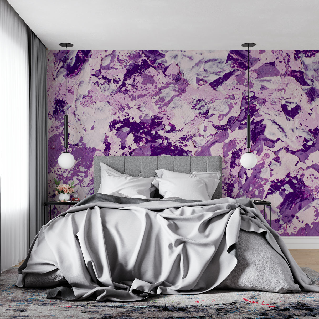 Purple abstract wallpaper creating drama in modern living room with grey sofa and minimal decor