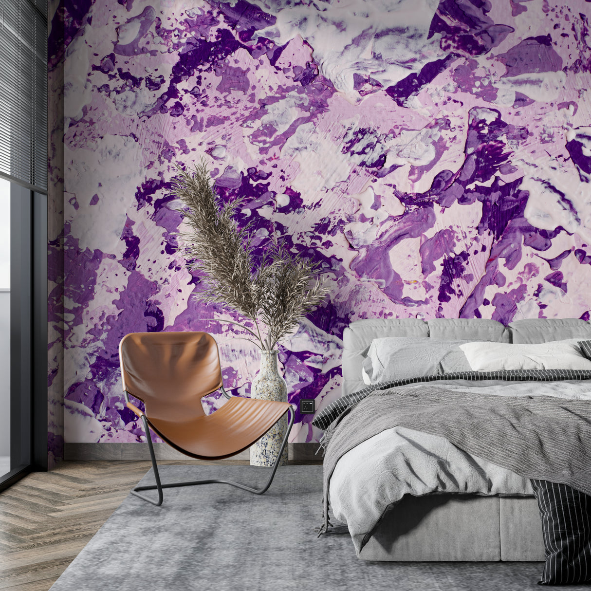 Abstract purple paint splash mural in bright bedroom setting with white furniture