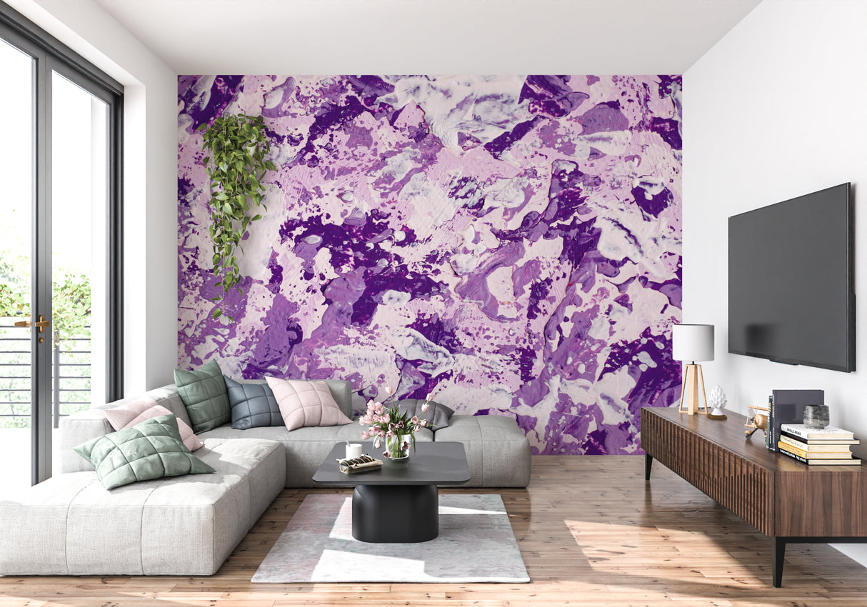 Purple abstract mural adding artistic flair to dining room with modern chandelier
