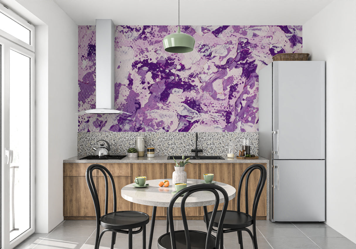 Modern abstract wallpaper transforming hallway with purple paint splash effect